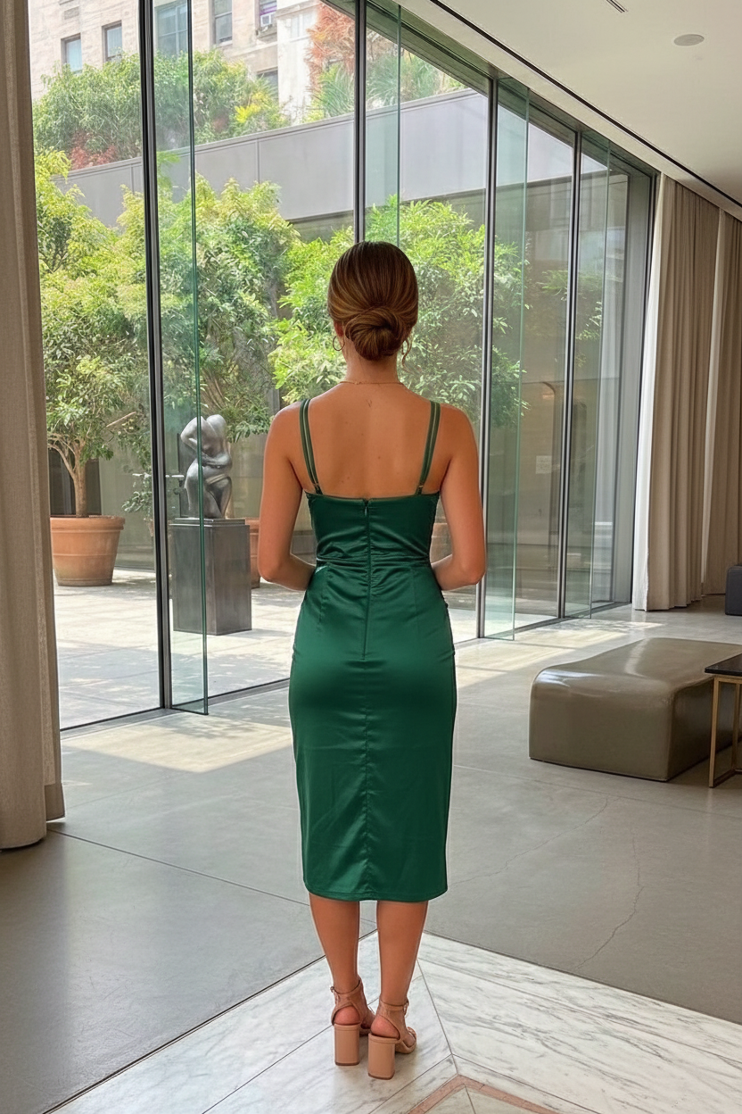 THE EMERALD SATIN MIDI DRESS